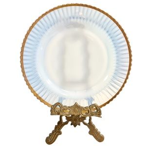 Vintage Petalware Dinner Plate by MacBeth Evans, Gold Rim Opal White Glass Pearl